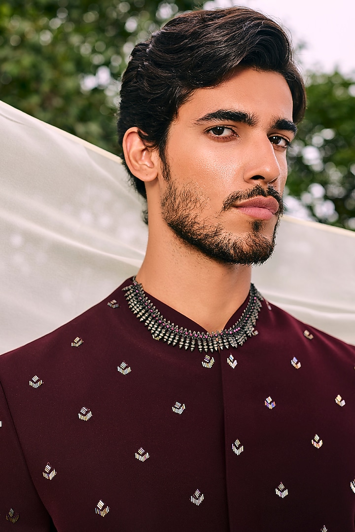 Burgundy Viscose Polyester Embroidered Groom Bandhgala Set by TISASTUDIO at Pernia's Pop Up Shop