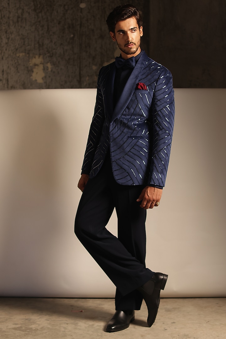 Midnight Blue Suede Embroidered Tuxedo Set by TISASTUDIO