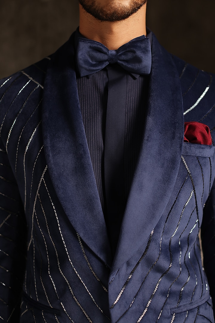 Midnight Blue Suede Embroidered Tuxedo Set by TISASTUDIO at Pernia's Pop Up Shop