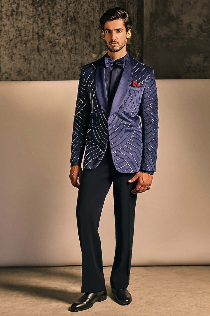 Midnight Blue Suede Embroidered Tuxedo Set by TISASTUDIO