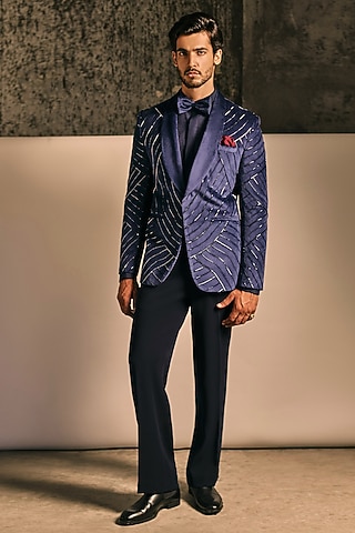Midnight Blue Suede Embroidered Tuxedo Set by TISASTUDIO