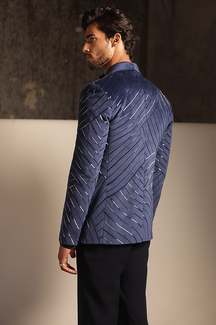 Midnight Blue Suede Embroidered Tuxedo Set by TISASTUDIO at Pernia's Pop Up Shop