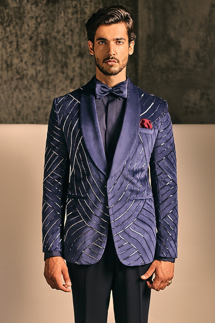 Midnight Blue Suede Embroidered Tuxedo Set by TISASTUDIO at Pernia's Pop Up Shop