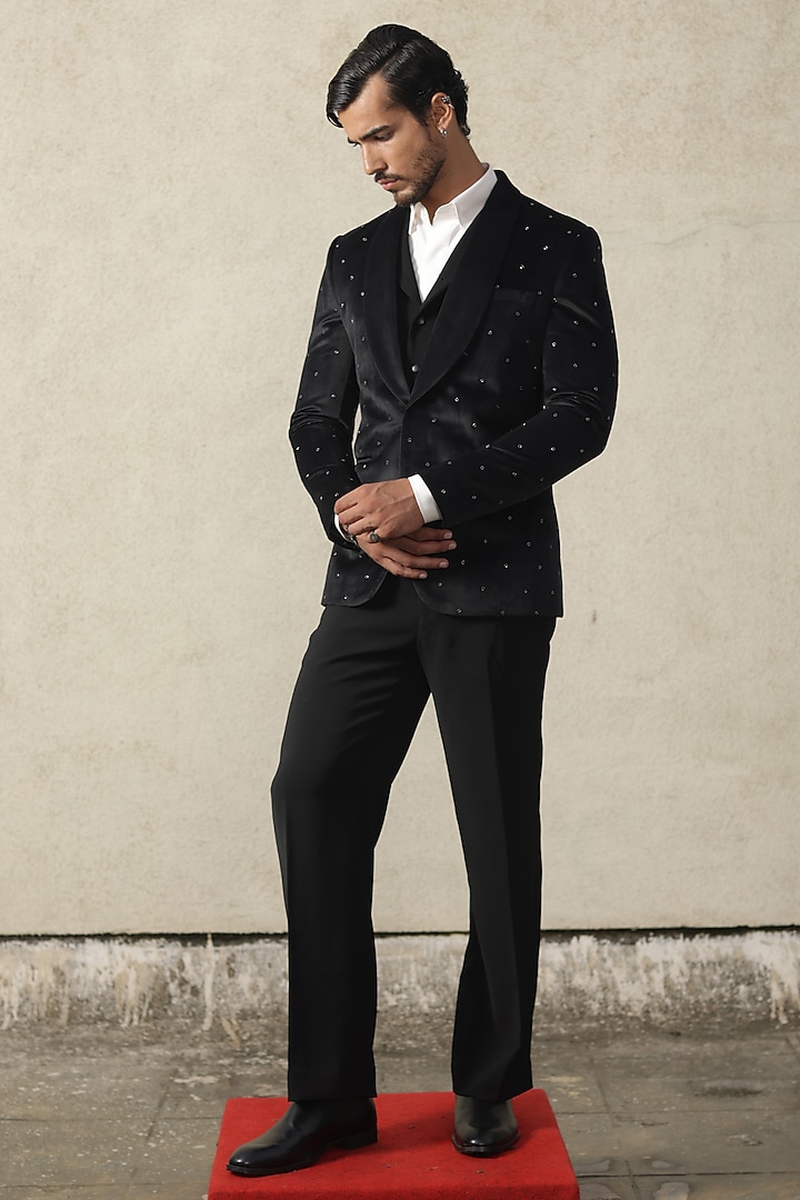Midnight Blue Suede Embroidered Tuxedo Set by TISASTUDIO