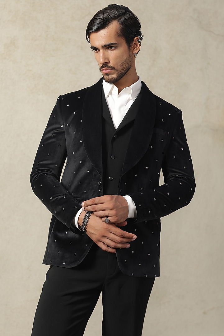 Midnight Blue Suede Embroidered Tuxedo Set by TISASTUDIO at Pernia's Pop Up Shop