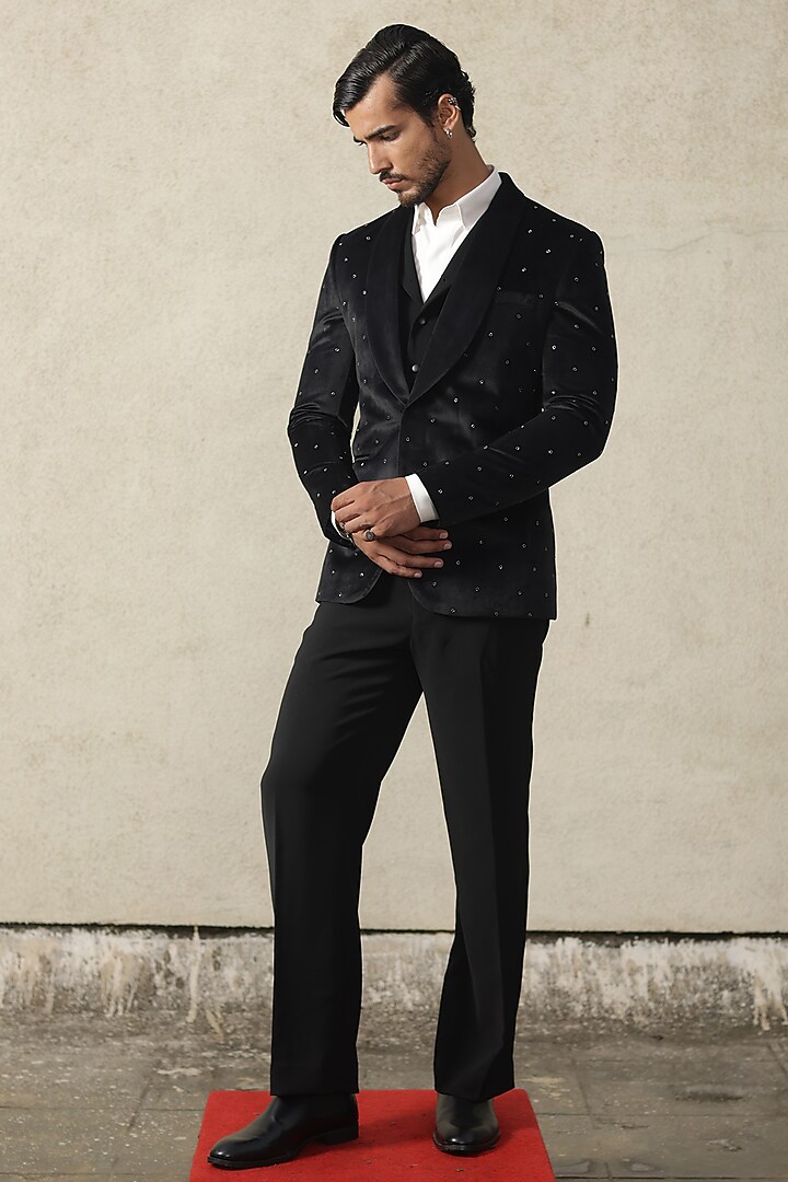 Midnight Blue Suede Embroidered Tuxedo Set by TISASTUDIO