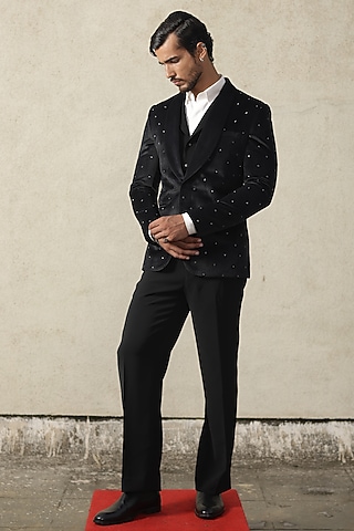 Midnight Blue Suede Embroidered Tuxedo Set by TISASTUDIO