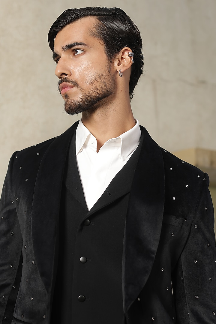 Midnight Blue Suede Embroidered Tuxedo Set by TISASTUDIO at Pernia's Pop Up Shop