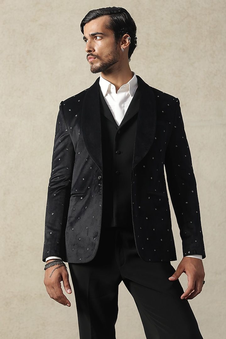 Midnight Blue Suede Embroidered Tuxedo Set by TISASTUDIO at Pernia's Pop Up Shop