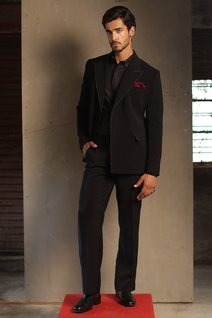 Black Viscose Polyester Double-Breasted Blazer Set by TISASTUDIO