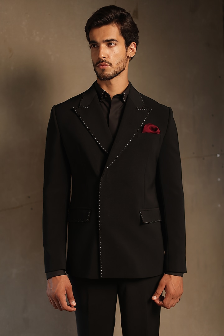 Black Viscose Polyester Double-Breasted Blazer Set by TISASTUDIO at Pernia's Pop Up Shop