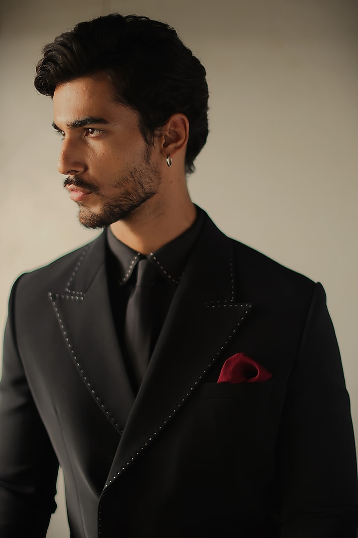 Black Viscose Polyester Double-Breasted Blazer Set by TISASTUDIO at Pernia's Pop Up Shop