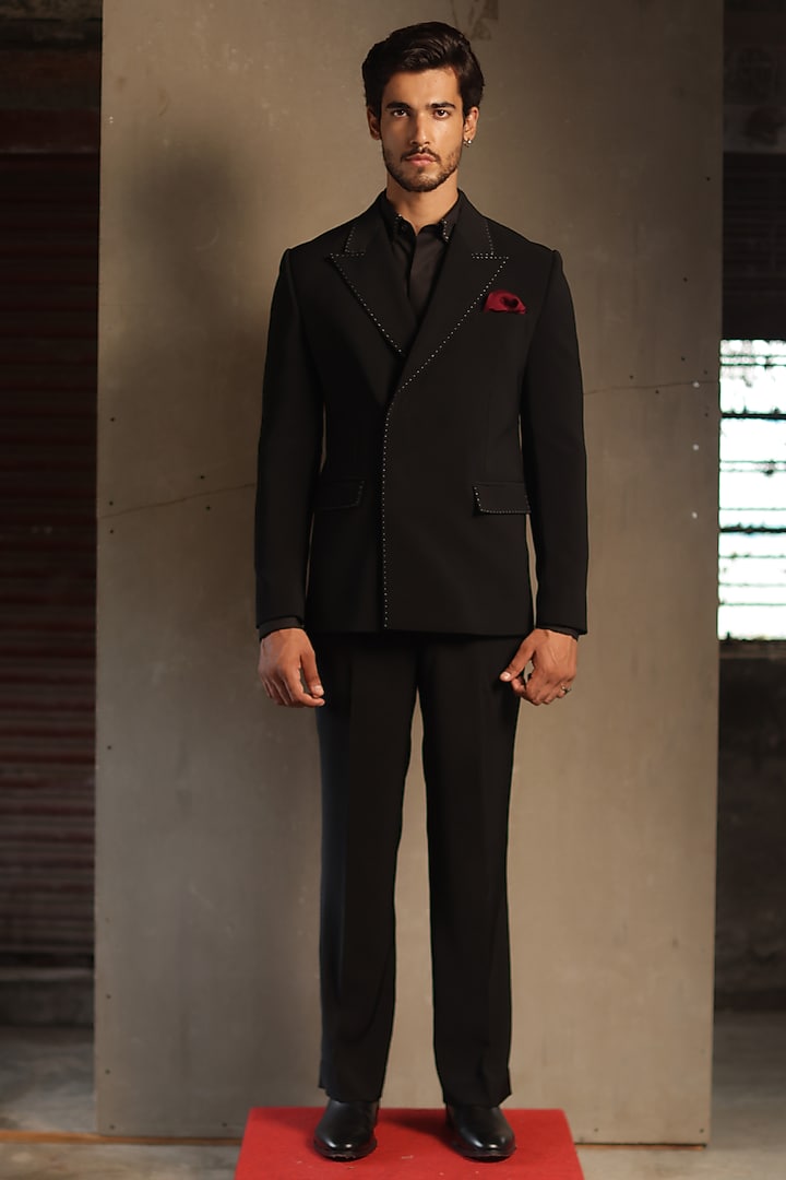 Black Viscose Polyester Double-Breasted Blazer Set by TISASTUDIO