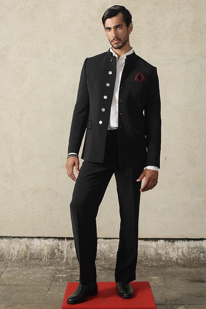 Black Viscose Polyester Bandhgala Set by TISASTUDIO