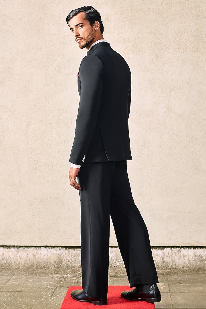 Black Viscose Polyester Groom Bandhgala Set by TISASTUDIO at Pernia's Pop Up Shop