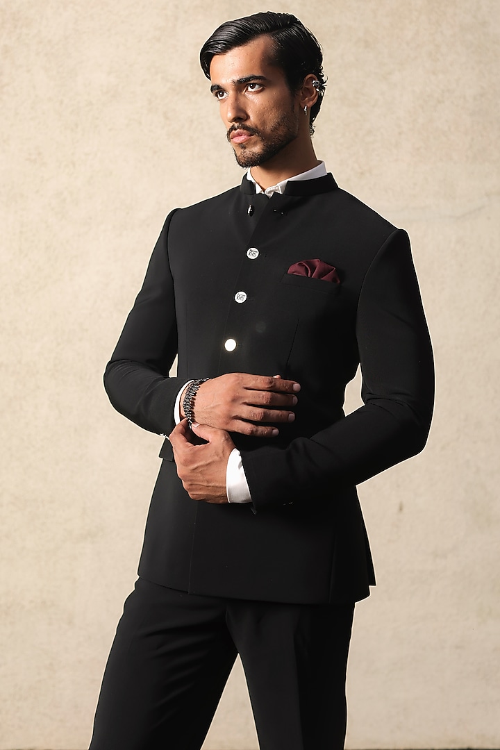Black Viscose Polyester Groom Bandhgala Set by TISASTUDIO at Pernia's Pop Up Shop