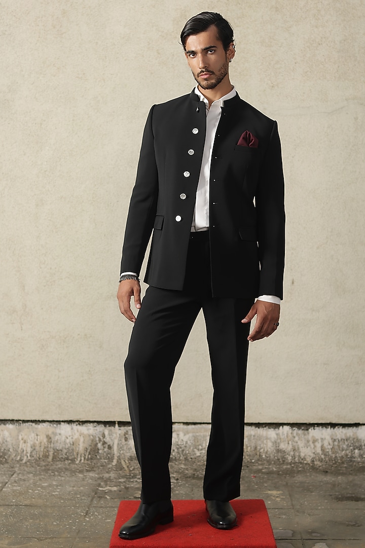 Black Viscose Polyester Bandhgala Set by TISASTUDIO
