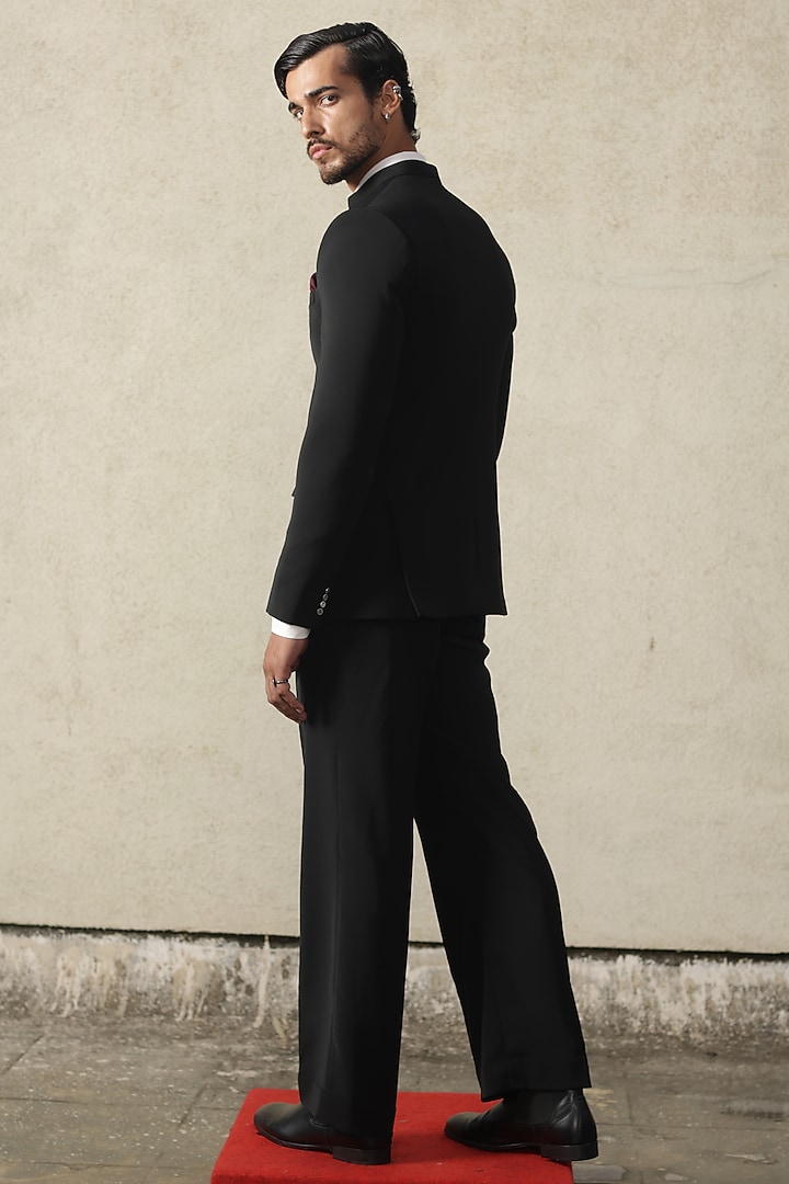 Black Viscose Polyester Groom Bandhgala Set by TISASTUDIO at Pernia's Pop Up Shop