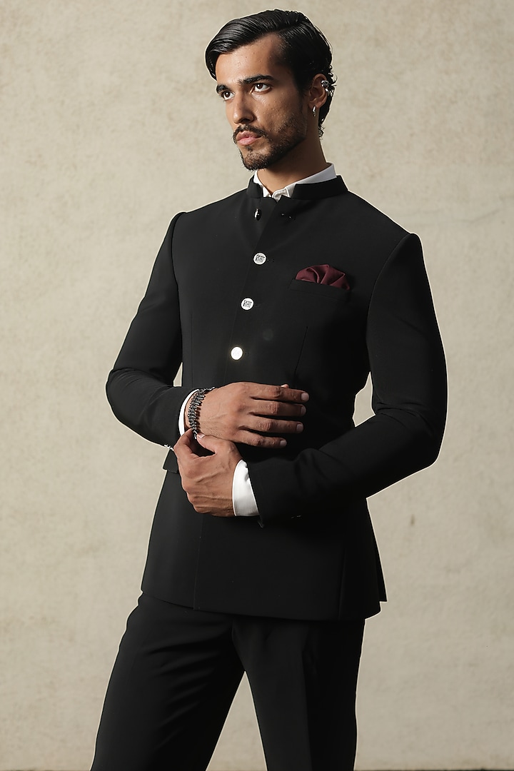 Black Viscose Polyester Groom Bandhgala Set by TISASTUDIO at Pernia's Pop Up Shop