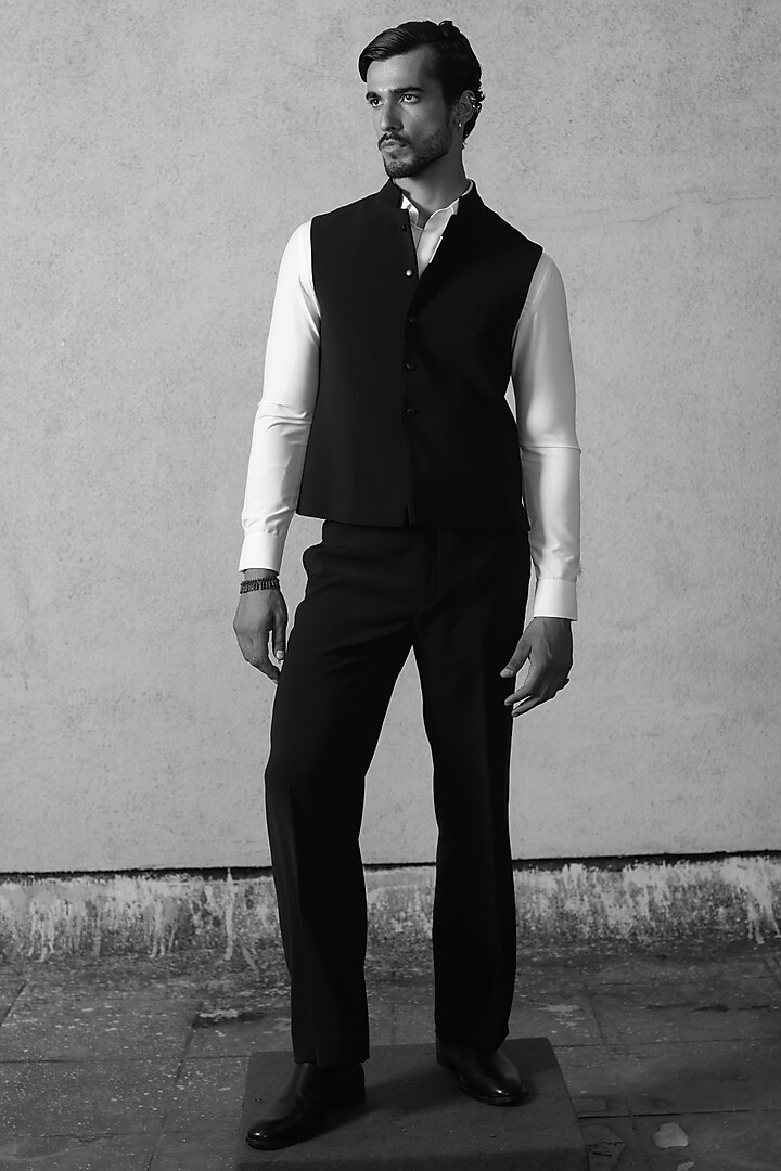 Black Viscose Polyester Waistcoat Set by TISASTUDIO