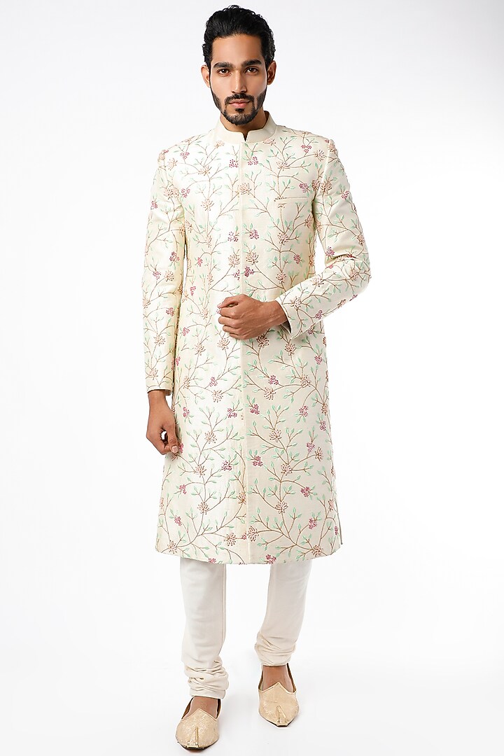 Ivory Floral Jaal Embroidered Groom Sherwani Set by TISASTUDIO at Pernia's Pop Up Shop