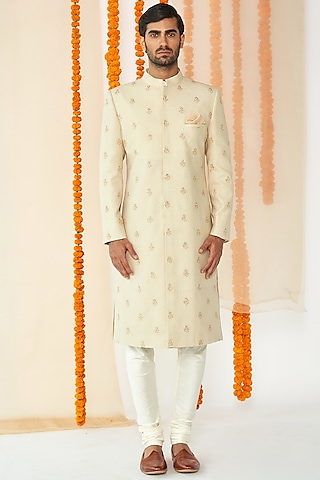Beige Embroidered Sherwani Set by TISASTUDIO