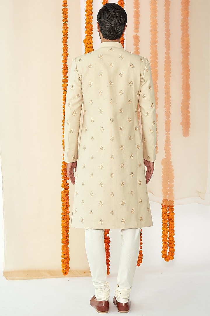 Beige Embroidered Groom Sherwani Set by TISASTUDIO at Pernia's Pop Up Shop