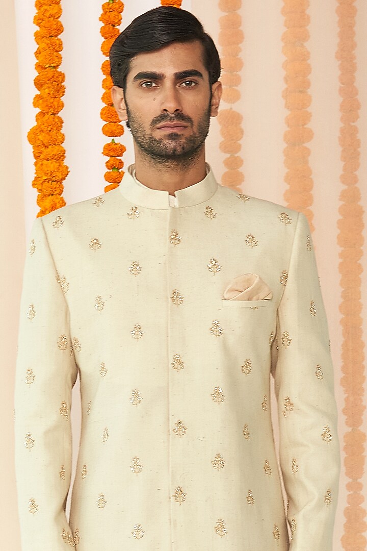 Beige Embroidered Groom Sherwani Set by TISASTUDIO at Pernia's Pop Up Shop