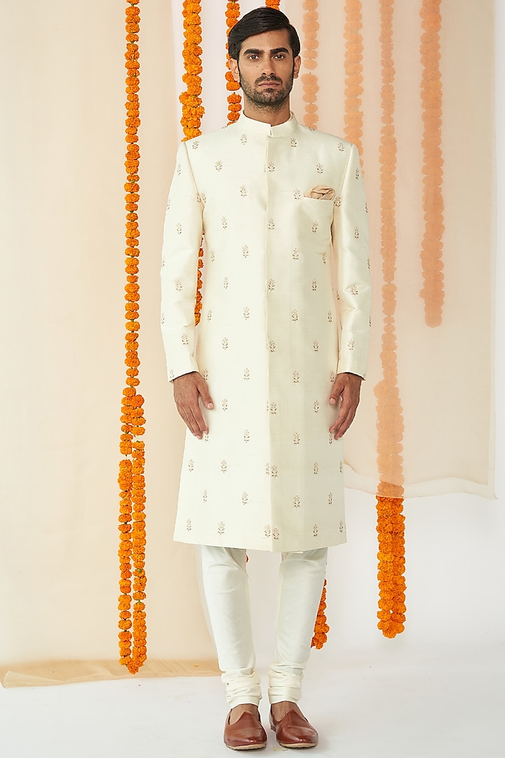 Ivory Embroidered Wedding Sherwani Set by TISASTUDIO at Pernia's Pop Up Shop