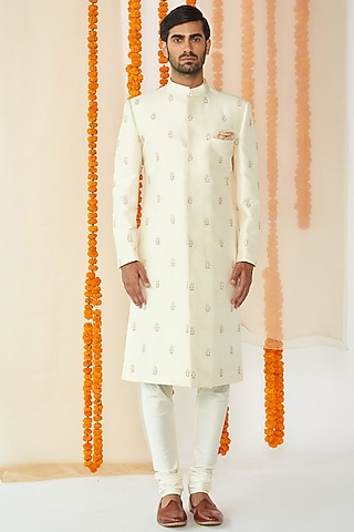 Ivory Embroidered Sherwani Set by TISASTUDIO