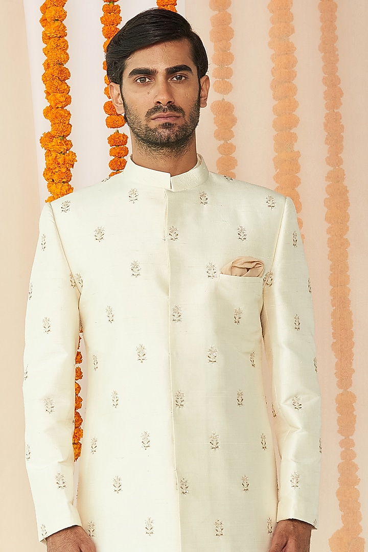 Ivory Embroidered Groom Sherwani Set by TISASTUDIO at Pernia's Pop Up Shop