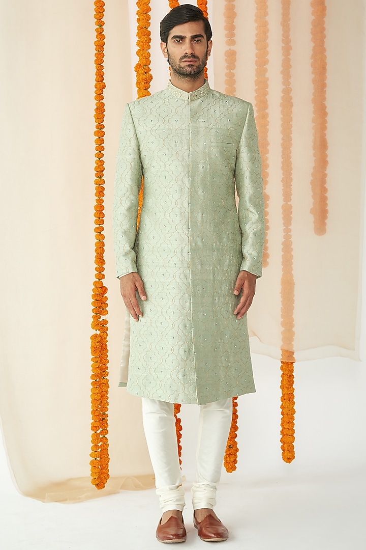 Sage Green Embroidered Groom Sherwani Set by TISASTUDIO at Pernia's Pop Up Shop