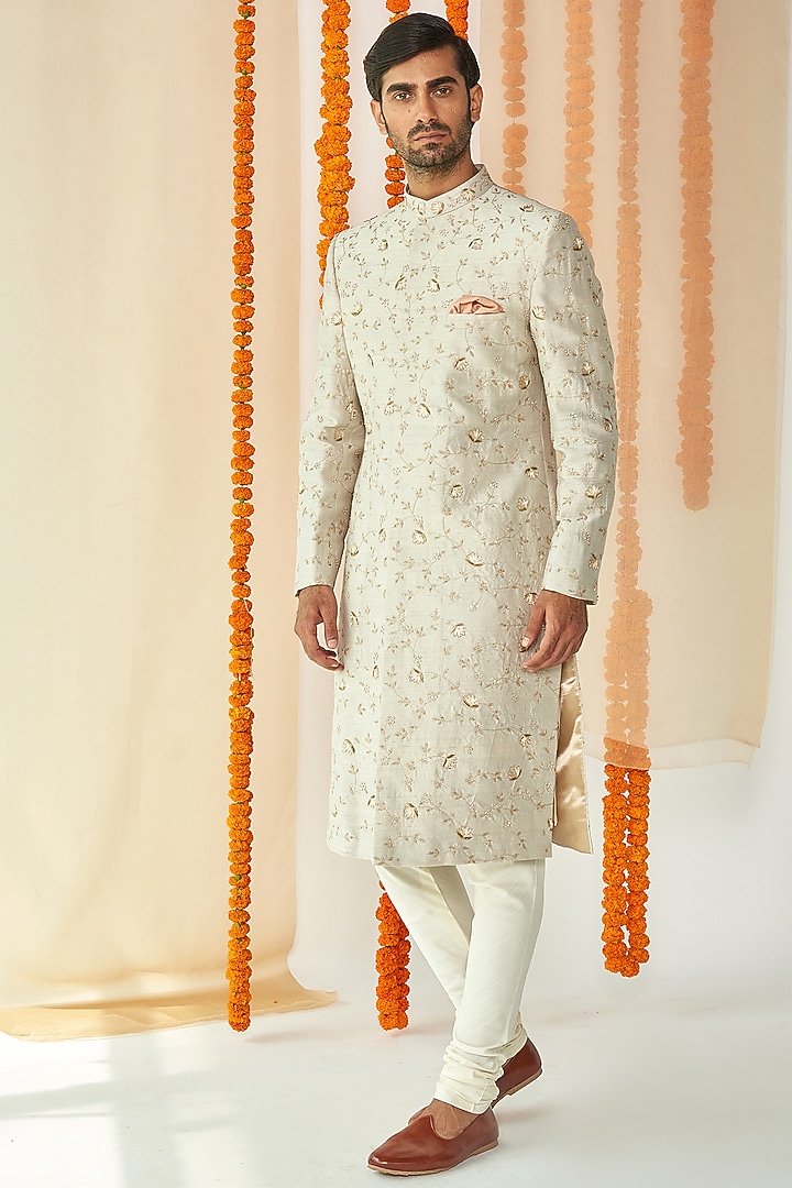 Light Grey Embroidered Groom Sherwani Set by TISASTUDIO at Pernia's Pop Up Shop