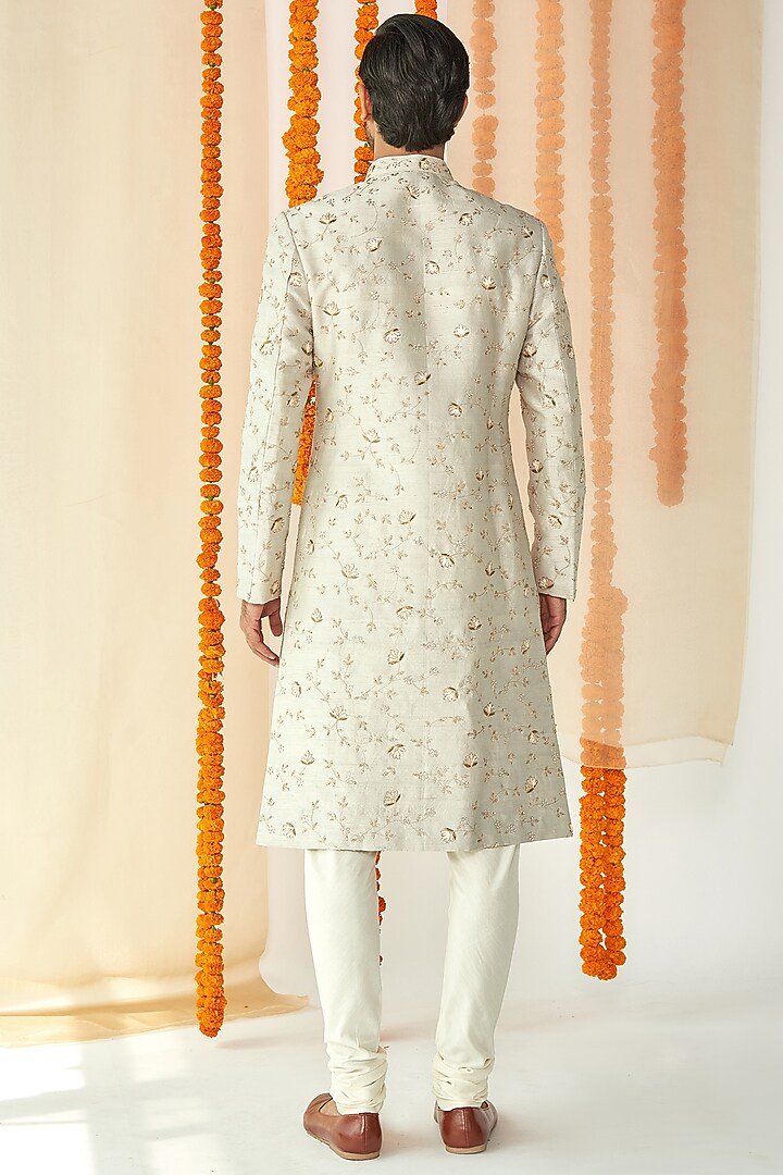 Light Grey Embroidered Groom Sherwani Set by TISASTUDIO at Pernia's Pop Up Shop