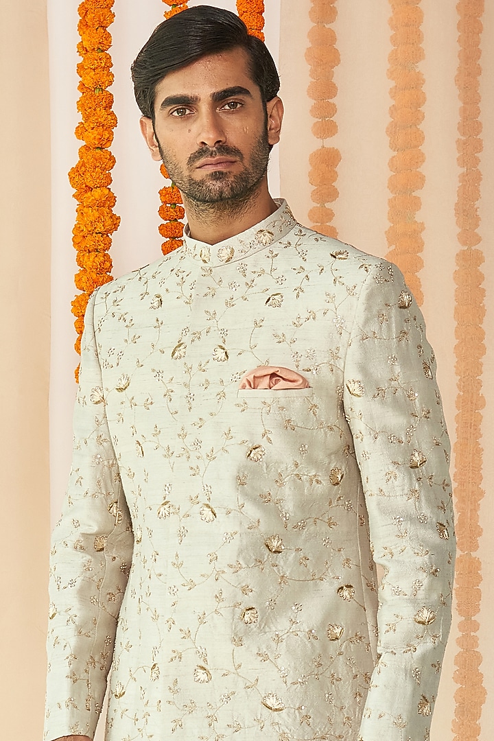 Light Grey Embroidered Groom Sherwani Set by TISASTUDIO at Pernia's Pop Up Shop