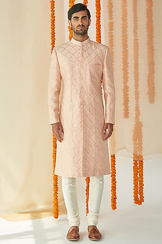 Dusty Pink Sherwani Set With Jaal Work by TISASTUDIO