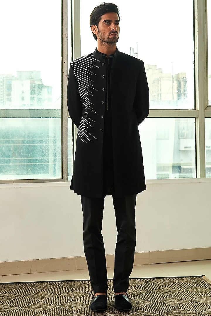 Black Viscose Polyester Embroidered Groom Indowestern Set by TISASTUDIO at Pernia's Pop Up Shop