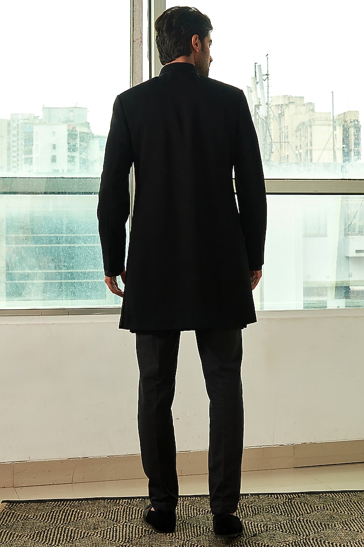 Black Viscose Polyester Embroidered Groom Indowestern Set by TISASTUDIO at Pernia's Pop Up Shop