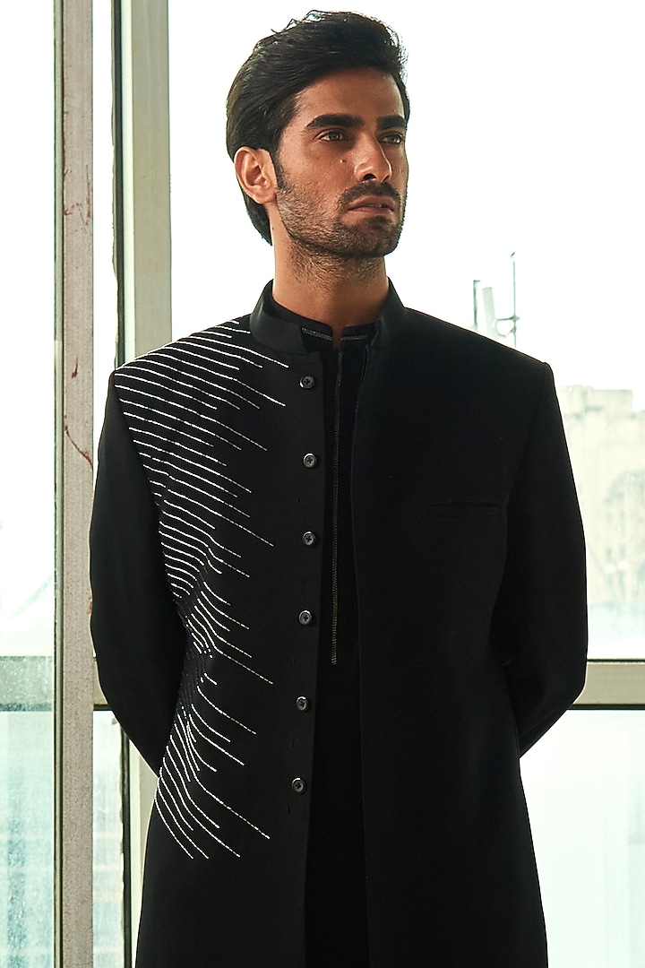 Black Viscose Polyester Embroidered Groom Indowestern Set by TISASTUDIO at Pernia's Pop Up Shop