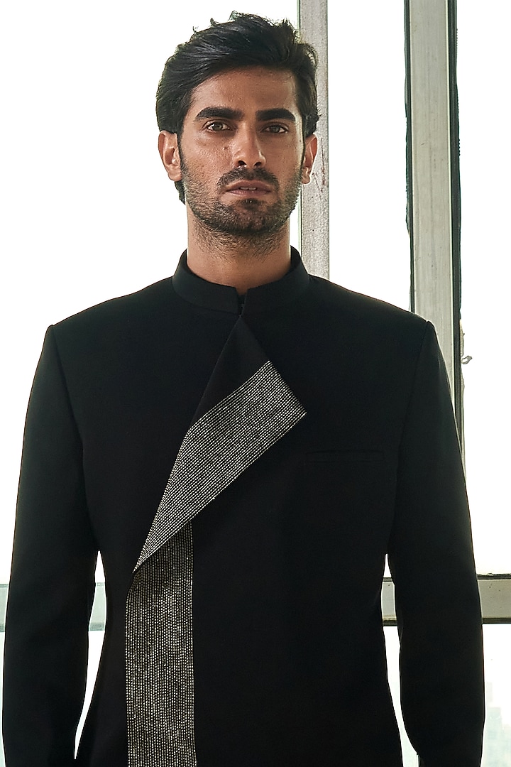 Black Kurta Set With Groom Bandhgala Jacket by TISASTUDIO at Pernia's Pop Up Shop