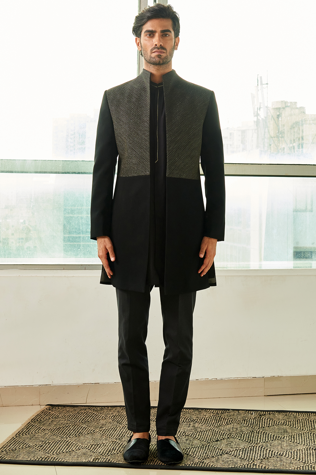 Black Viscose Polyester Groom Indowestern Set With Metallic Bands by TISASTUDIO at Pernia's Pop Up Shop