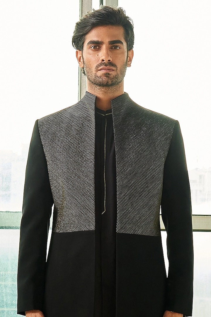 Black Viscose Polyester Groom Indowestern Set With Metallic Bands by TISASTUDIO at Pernia's Pop Up Shop