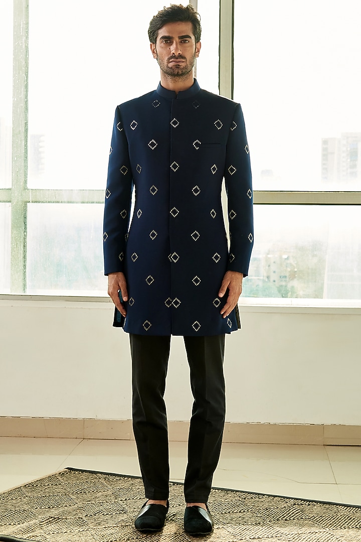 Navy Blue Embroidered Groom Sherwani Set by TISASTUDIO at Pernia's Pop Up Shop