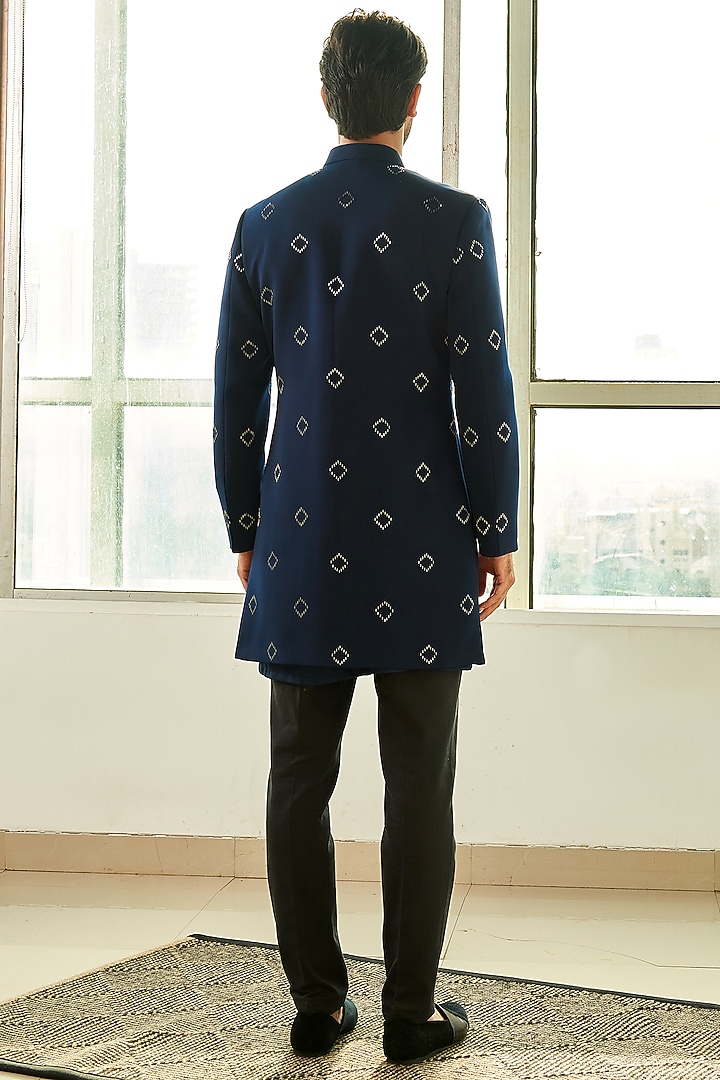 Navy Blue Embroidered Groom Sherwani Set by TISASTUDIO at Pernia's Pop Up Shop