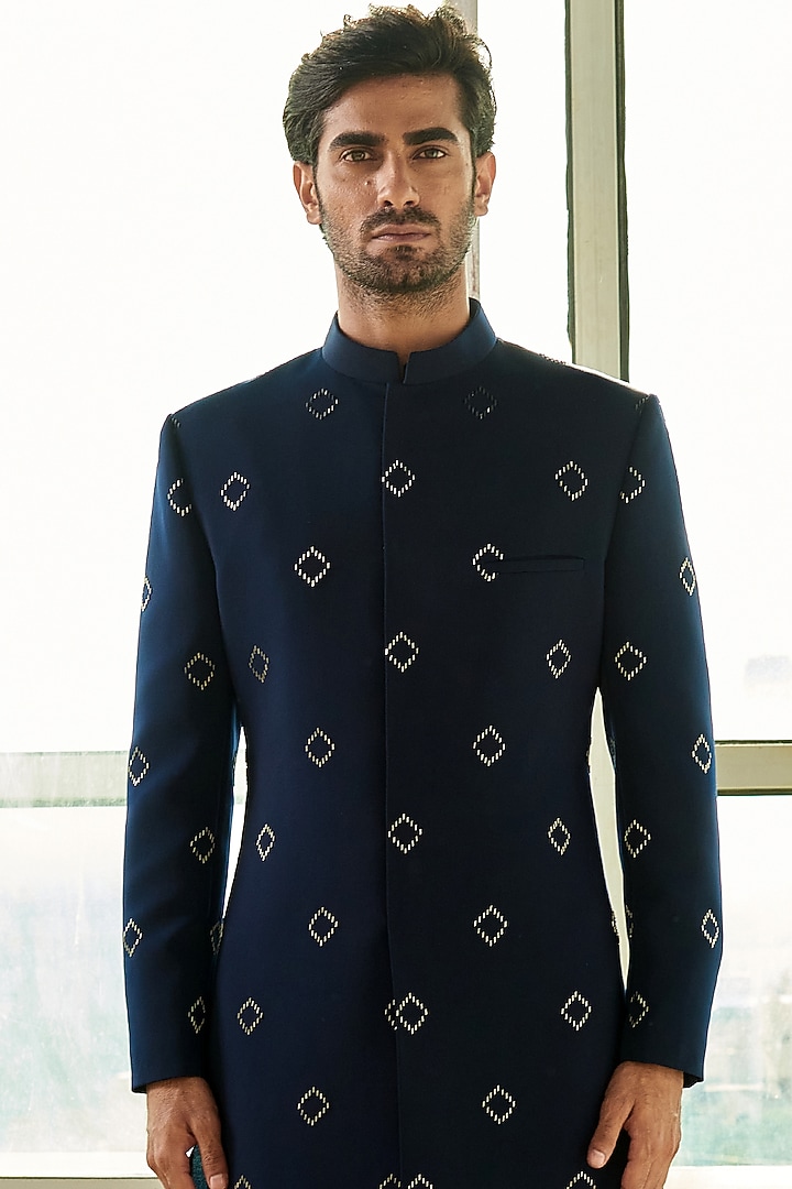 Navy Blue Embroidered Groom Sherwani Set by TISASTUDIO at Pernia's Pop Up Shop