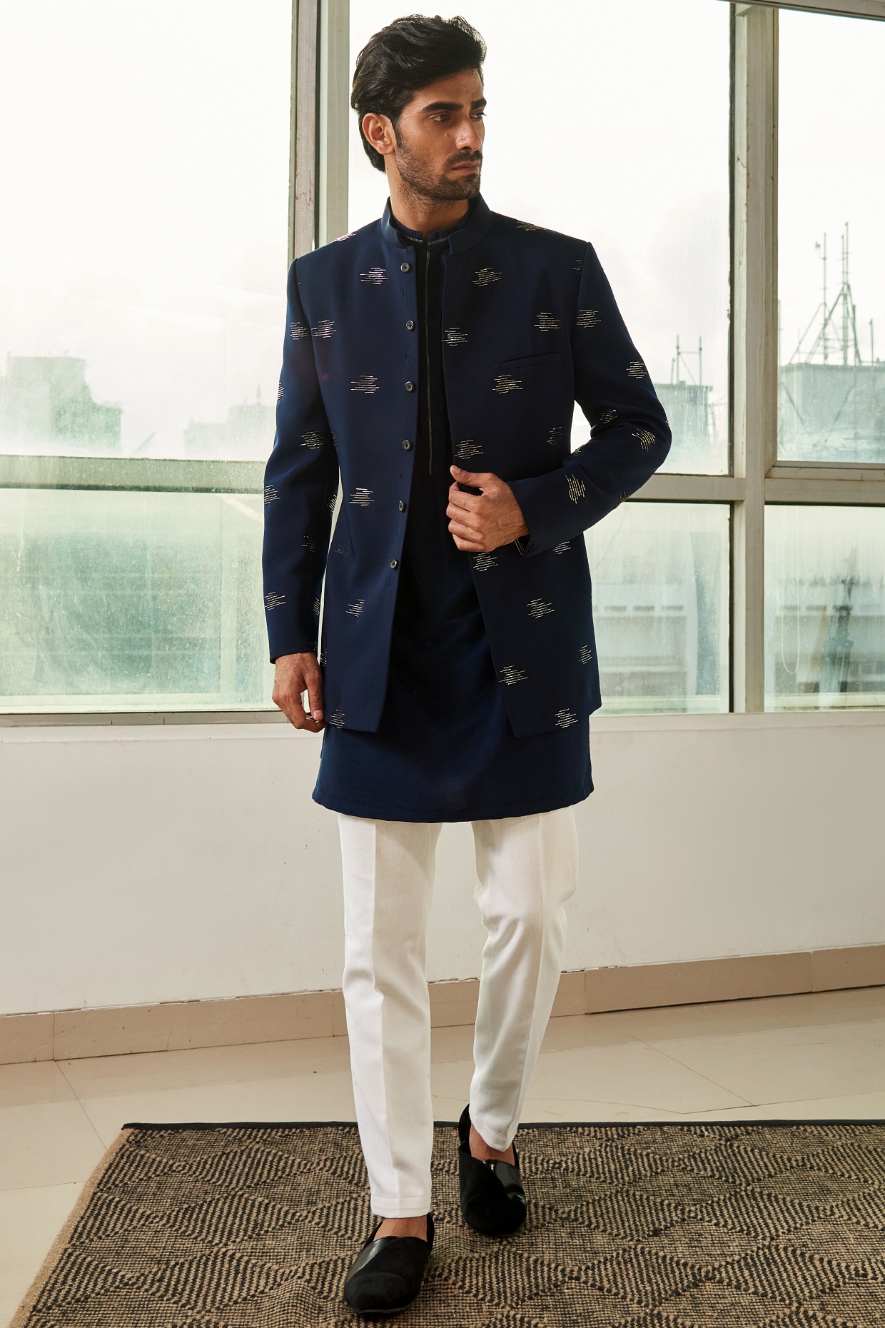 Navy Blue Raw Silk Jacket Style Kurta Set by Niharika Kamani for rent  online | FLYROBE