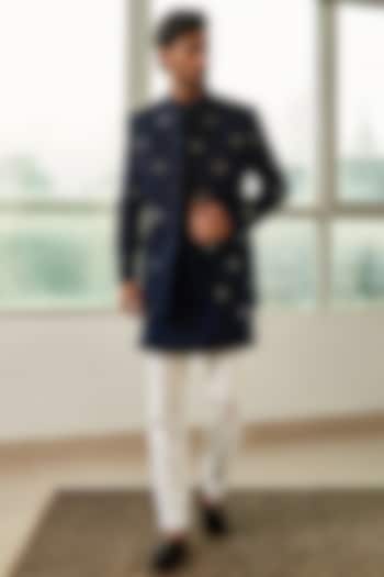 Navy Blue Kurta Set With Groom Bandhgala Jacket by TISASTUDIO at Pernia's Pop Up Shop