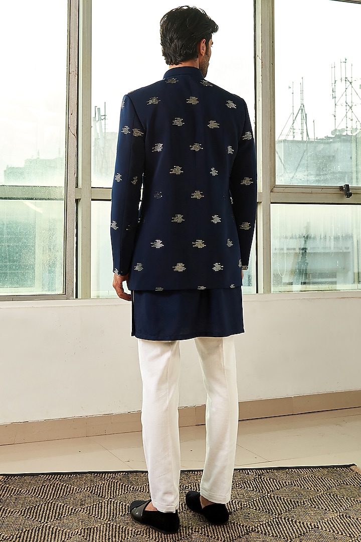 Navy Blue Kurta Set With Groom Bandhgala Jacket by TISASTUDIO at Pernia's Pop Up Shop