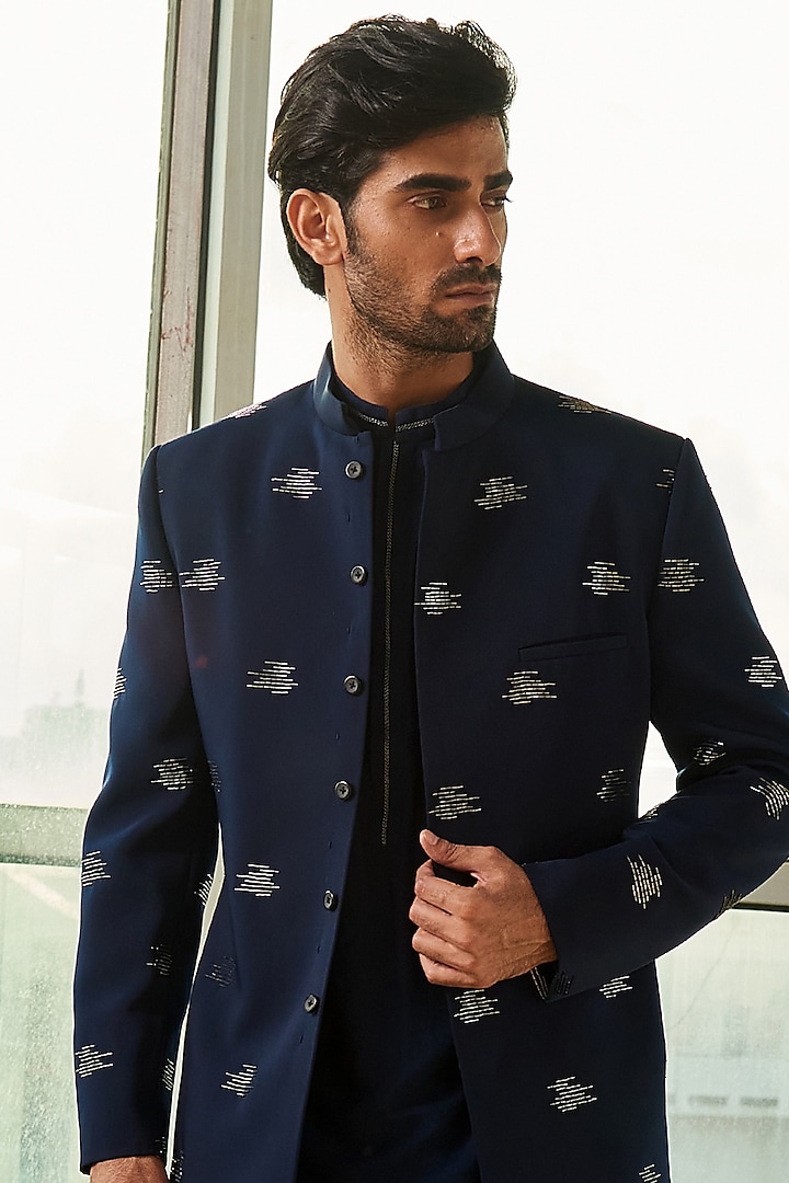Navy Blue Kurta Set With Groom Bandhgala Jacket by TISASTUDIO at Pernia's Pop Up Shop