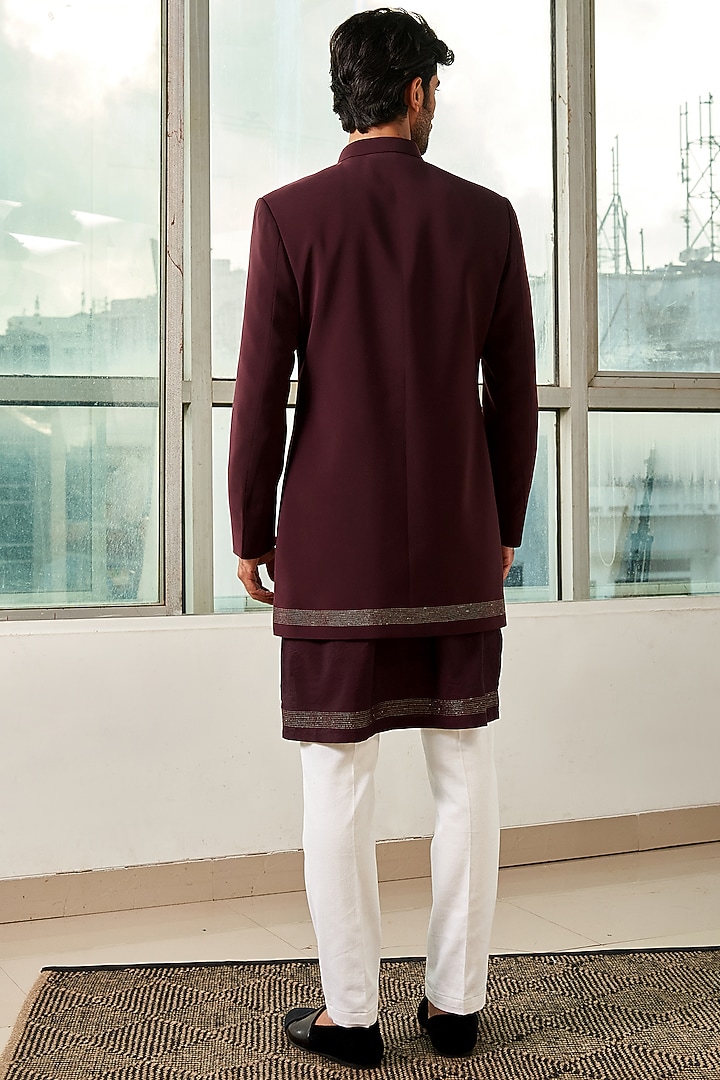 Burgundy Kurta Set With Asymmetrical Groom Bandhgala Jacket by TISASTUDIO at Pernia's Pop Up Shop